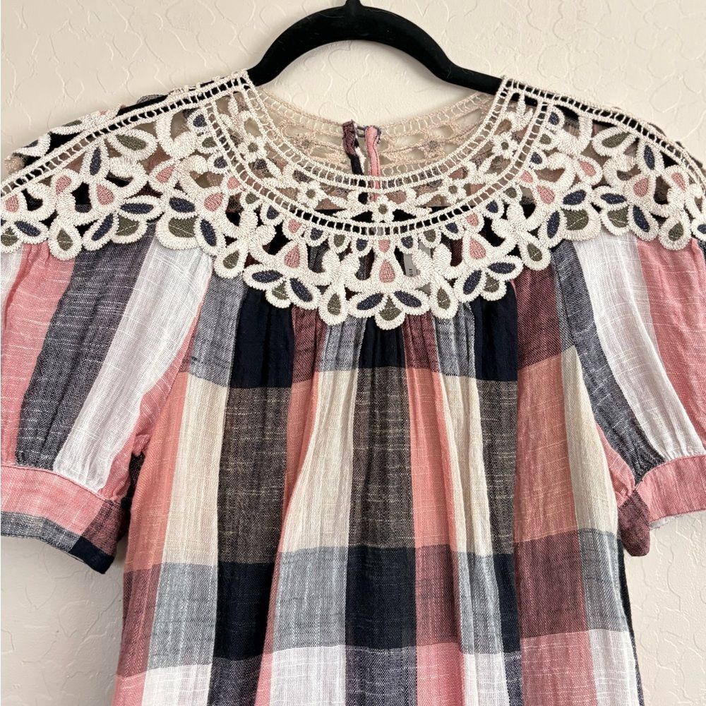 Anthropologie Plaid Boho Crochet Embroidered Swing Blouse Cottage Prairie XS - Picture 3 of 10